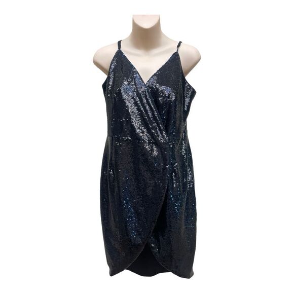 Venus Black Sparkly Sequin Wrap Dress Spaghetti Straps Sz 8 Cocktail V Neck EUC - Picture 1 of 6